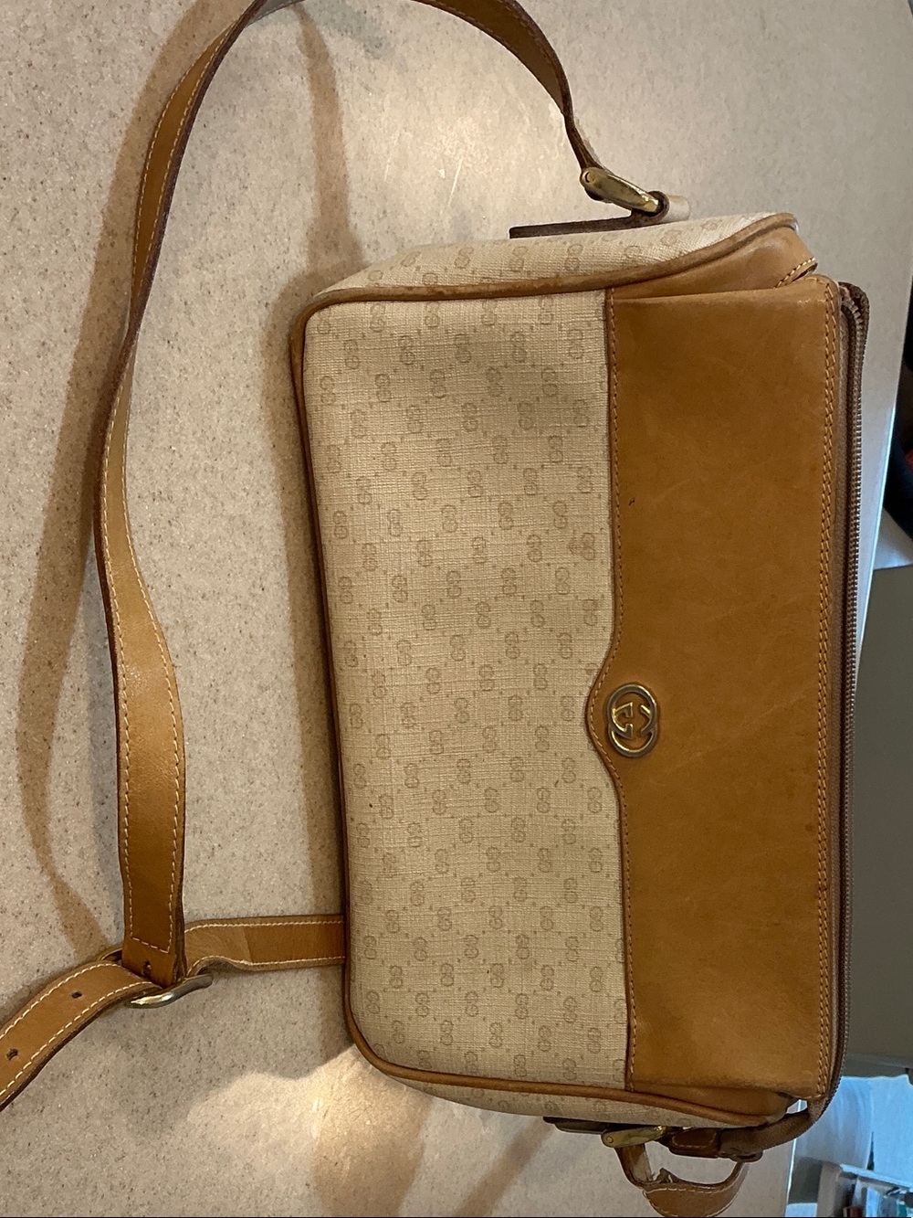 Tan Leather-Trim Beige Canvas Messenger Bag